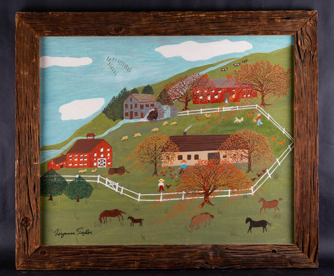 After Mother Moses American Naive Style Oil Painting: Title: "Farm Scene" Medium: Oil on Board Style: Naive Size: 20 1/2" x 25" Frame Size: 24 1/2" x 29" Age: Circa 1960s Artist: Virgina Taylor Signature: lower left Condition: Great overall all Great for