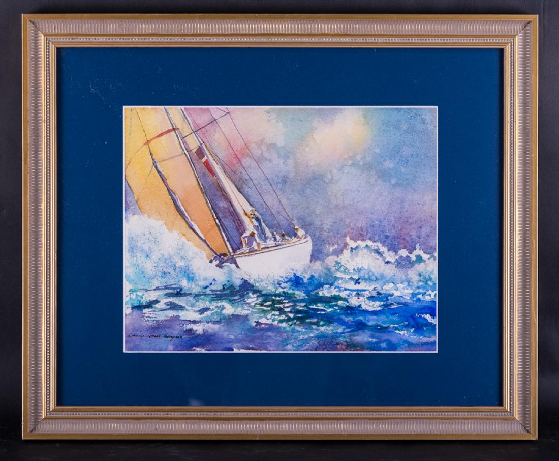 American Artist Loraine Thompson Original Watercolor: Title: Sail Day Medium: Watercolor on paper Style: Impressionist Size: 11" x 14" Frame Size: 19" x 22" Age: 1970s Condition: Good, no damage seen good condition for its age. no damage Signature: Lorai
