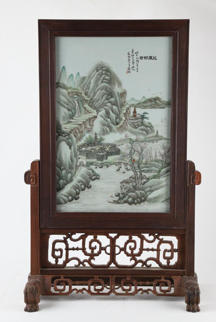 A CHINESE FAMILLE ROSE 'LANDSCAPE' CERAMIC PLAQUE, (1 of 8)