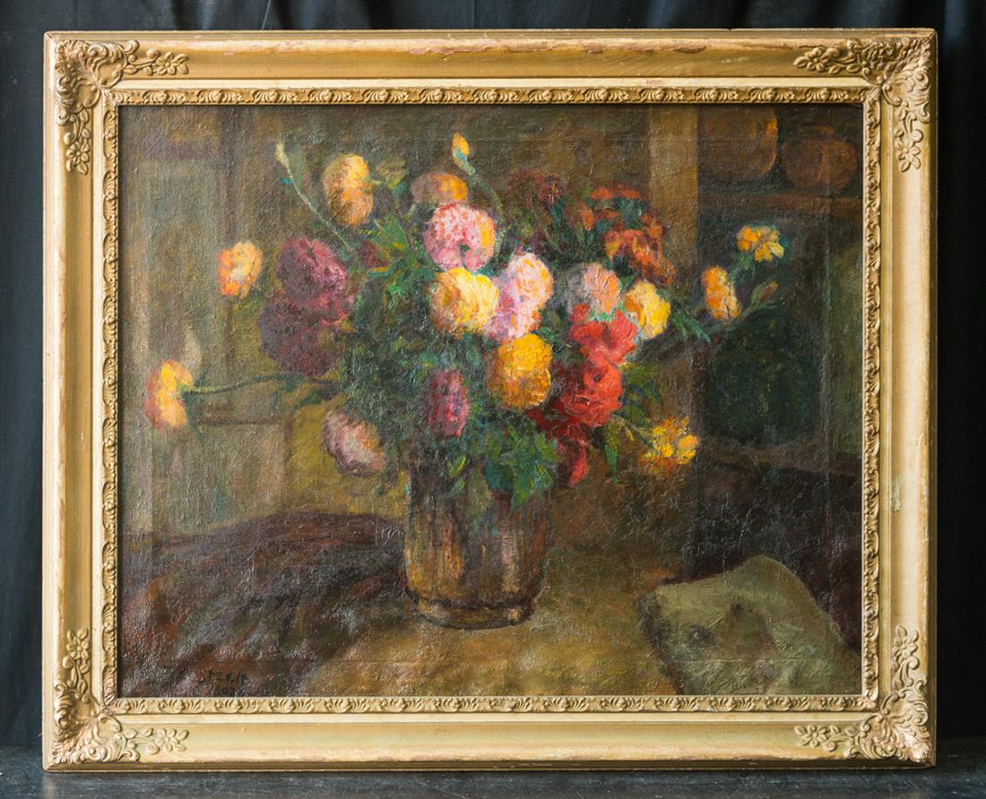 Theodore Clement Steele(1847-1926)Indiana Artist Oil: Medium: Oil on canvas Size: 24" x 30" Frame Size: 29" x 35" Condition: OK, wrinkled canvas, cracks, and some restorations Style: Impressionist Circa: 1880-1919 Artist: Theodore Clement Steele (1847 -