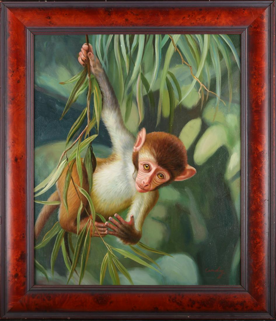 21 Century Oil On Canvas "Monkey On The Tree": Title: "Monkey On The Tree" Material: Oil on Canvas Size:20" X 24" Frame: 36" X 30" Age: 21 Century Artist:Cindy Signature:Lower Right Condition: Great Overall Provenance: Collection from Estate in Ne
