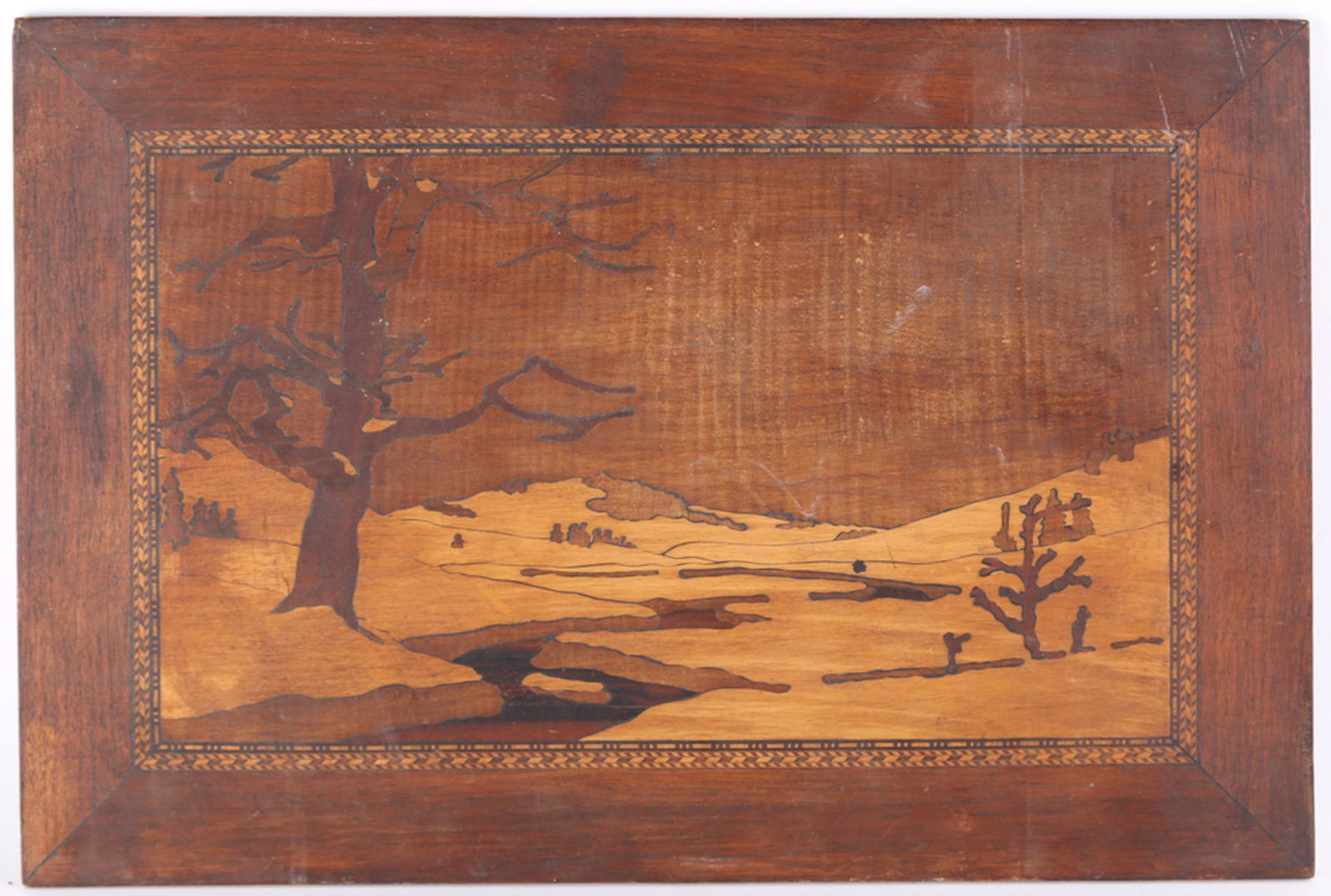 original  Marquetry Inlaid Wood Picture "winter scene" (1 of 6)