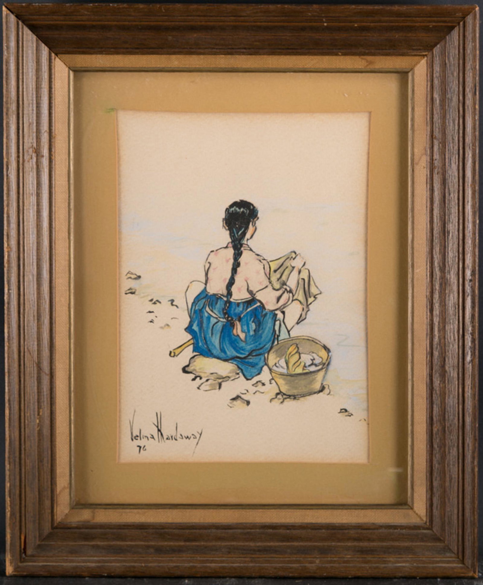 Korean watercolor on paper "The laundry woman": Title: The laundry woman Medium: watercolor on paper Size: 8" X 12" Fram Size: 14" X 18" Age: 1976 Artist: Velma Hardaway Signature: lower left Condition: Great Over All Provenance: Collection from Es