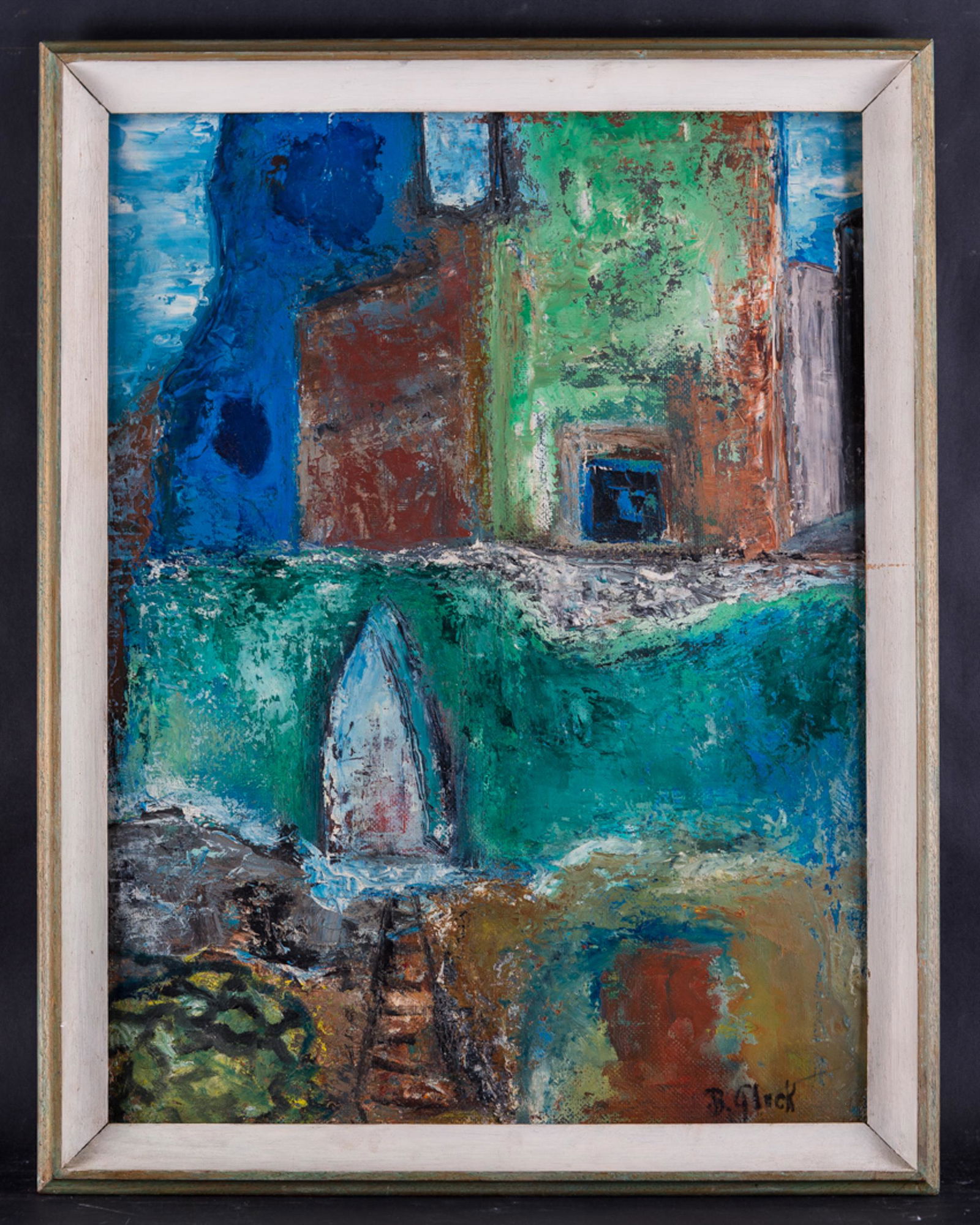 Vintage Modernist After Cezanne Modernist Oil Painting: Title: Building Scene Medium: Oil on masonite Style: Modernist Size: 24" x 20" Frame Size: 26" x 22" Age: 1960s Condition: Good, no damage seen good condition for its age. Signature: B. Gluck Great fo