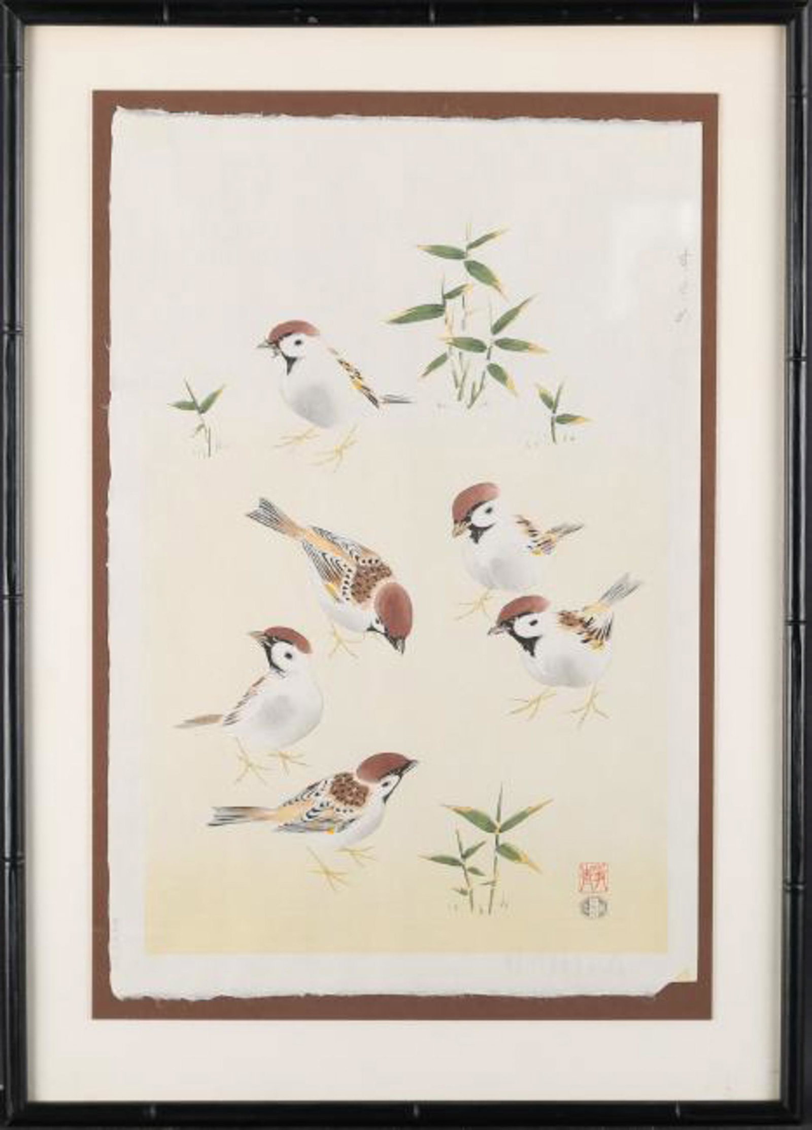 Antique Japanese Ukiyo-e Woodblock Print "Oriole": Title: "Oriole" Medium: Woodblock print Style: Ukiyo-e Size:12" X 17" Frame Size: 16" X 23" Age: Circa 1850s Artist: Signed Signature: Stamped Condition: Great condition, no damage on artwork Great fo