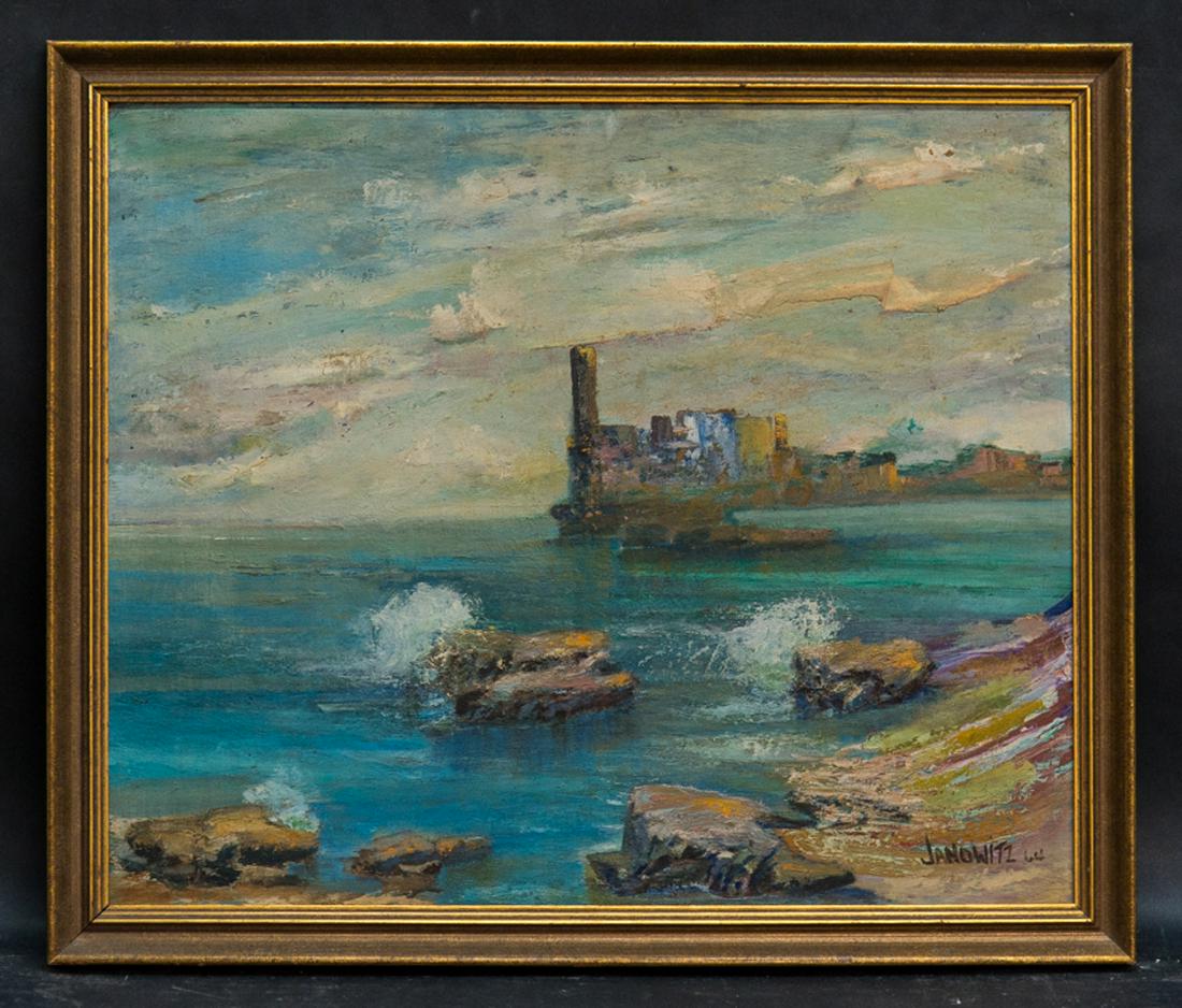 New York Listed Artist Joel Janowitz (1945-?) Oil: Title: Coast Scene Medium: Oil on masonite Style: Impressionist Size: 20" x 24" Frame Size: 23" x 27" Age: 1964 dated Condition: Good, no damage seen good condition for its age. Signature: Janowitz Ar