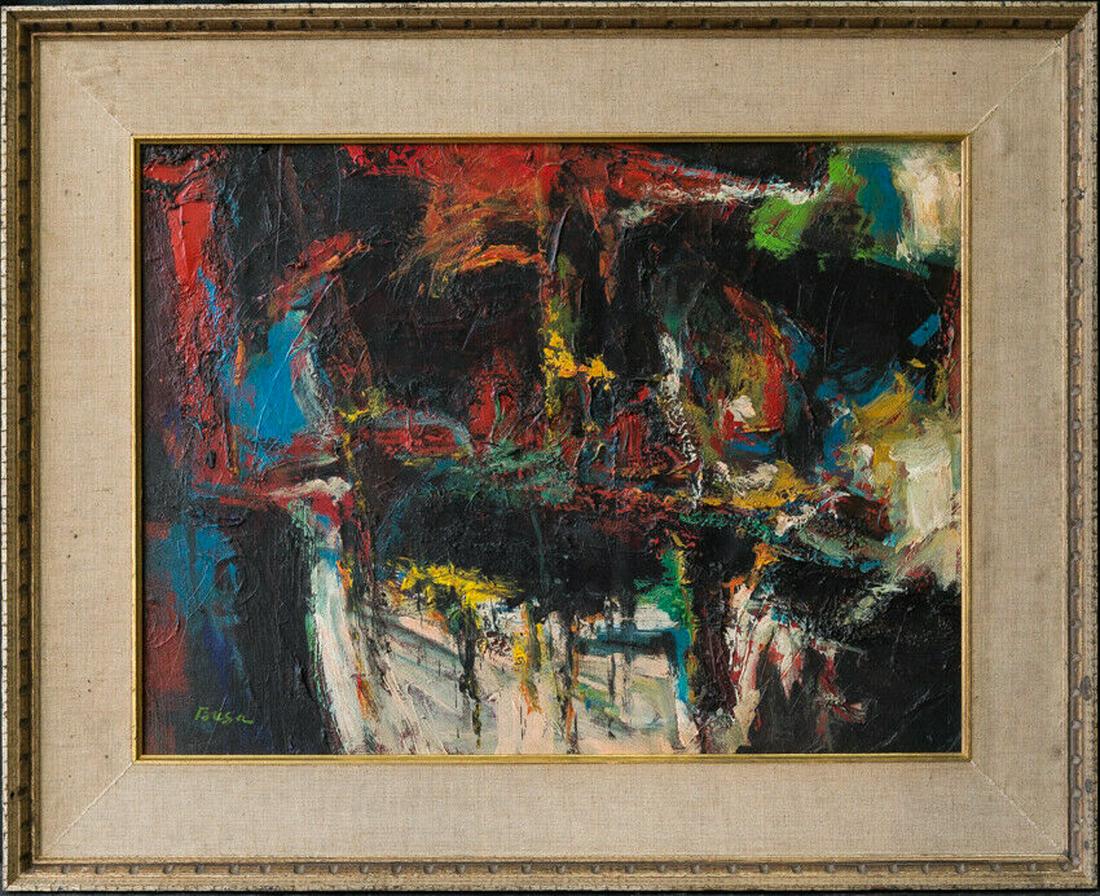 Peter Busa (1914-1985) PA Listed Artist Abstract Oil: Medium: Oil on canvas Size: 18" x 24" Frame Size: 25" x 31" Condition: Great overall Style: Abstract Circa: 1950-1969 Artist: Peter Busa (1914 - 1985) Peter Busa was active/lived in Pennsylvania. Pete