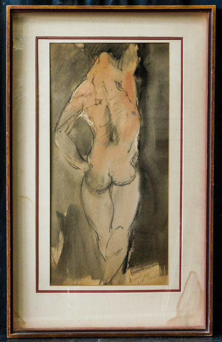 Auguste Rodin (France 1840-1917) | Watercolor/Paper: Artist: Auguste Rodin Title: Nude Year: 1890's Dimensions: 20in. by 10in, Frame size: 27in x 17in. Medium: Original watercolor on paper Condition: Excellent Signature Details: Signed lower right. Cond