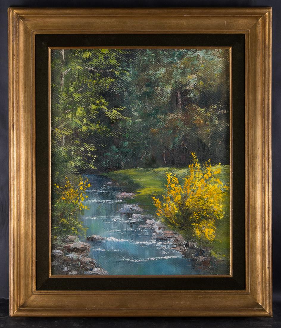 Vintage American Impressionist Original Oil On Masonite: Title: Mountain Brook Medium: oil on masonite Style: Impressionist Size: 20" x 16" Frame Size: 27" x 23" Age: 1960s Condition: Great, good condition for its age. no damage Signature: None/ Paris galle