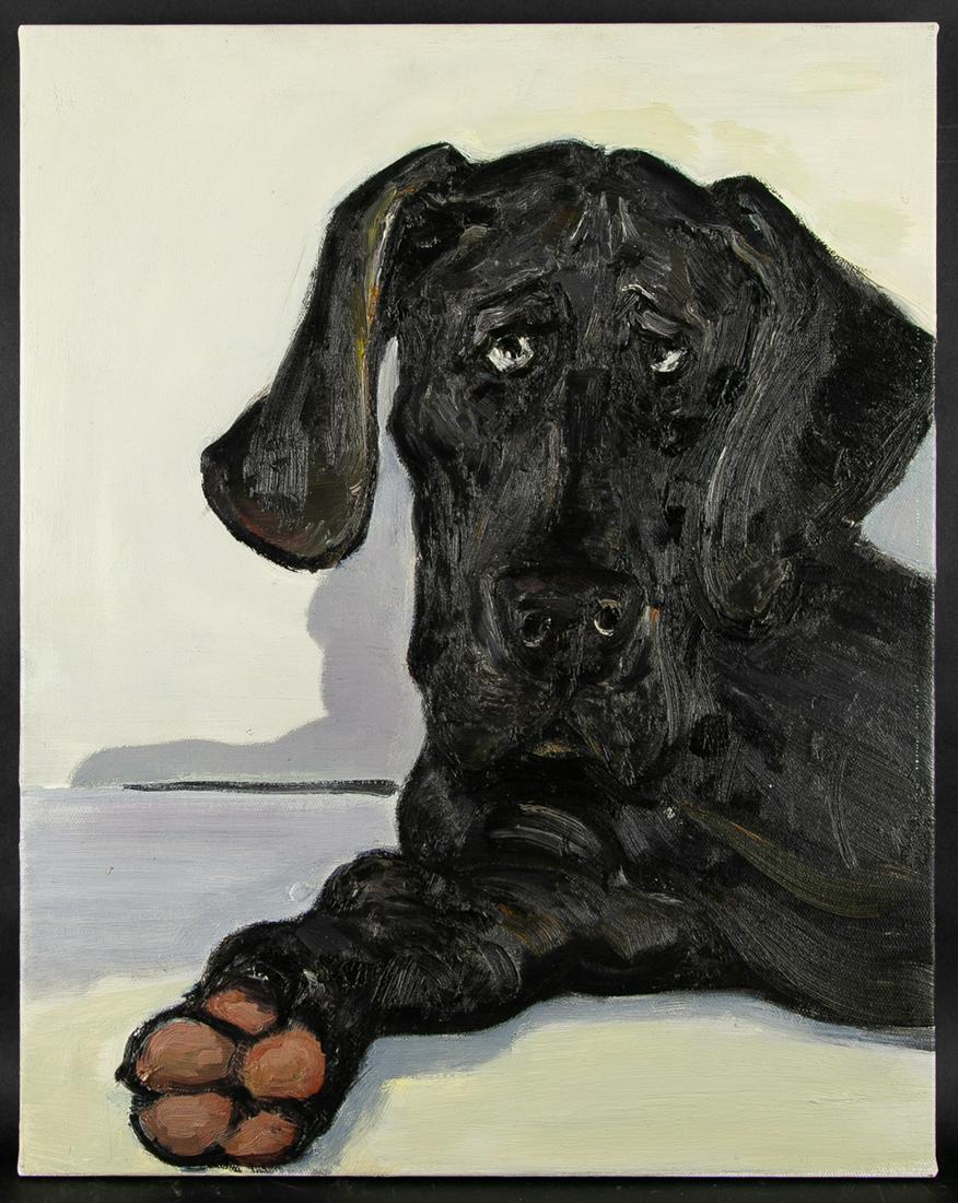 Original Oil By Artist Jiao Wang "Frustrated Black Dog": Medium: Oil on canvas Size: 15.5" x 19.5" Frame Size: None Age: 2000s Condition: Good, no damage seen Artist: Jiao Wang Great for collection or home decoration. Provenance: Direct from the artist. Gua