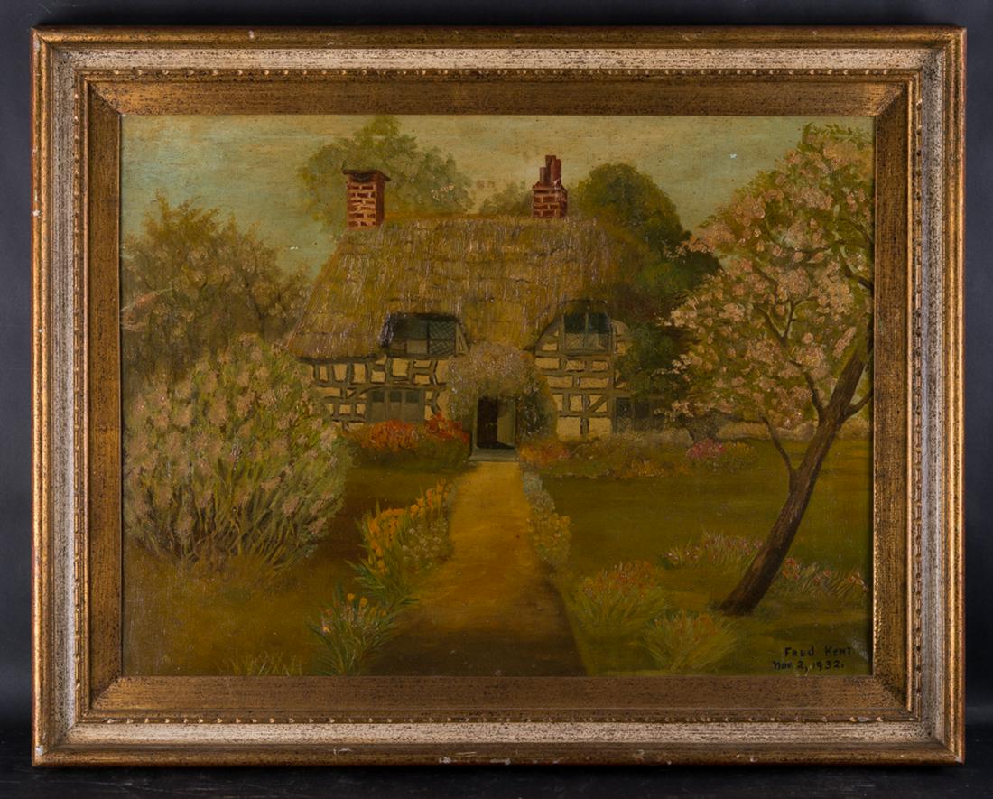 Early 20th Century American Traditional Original Oil: Title: View Of House Medium: oil on canvas Style: Impressionist Size: 18" x 24" Frame Size: 23" x 29" Age: 1932 dated Condition: Great, good condition for its age Signature: Fred Kent Great for collec