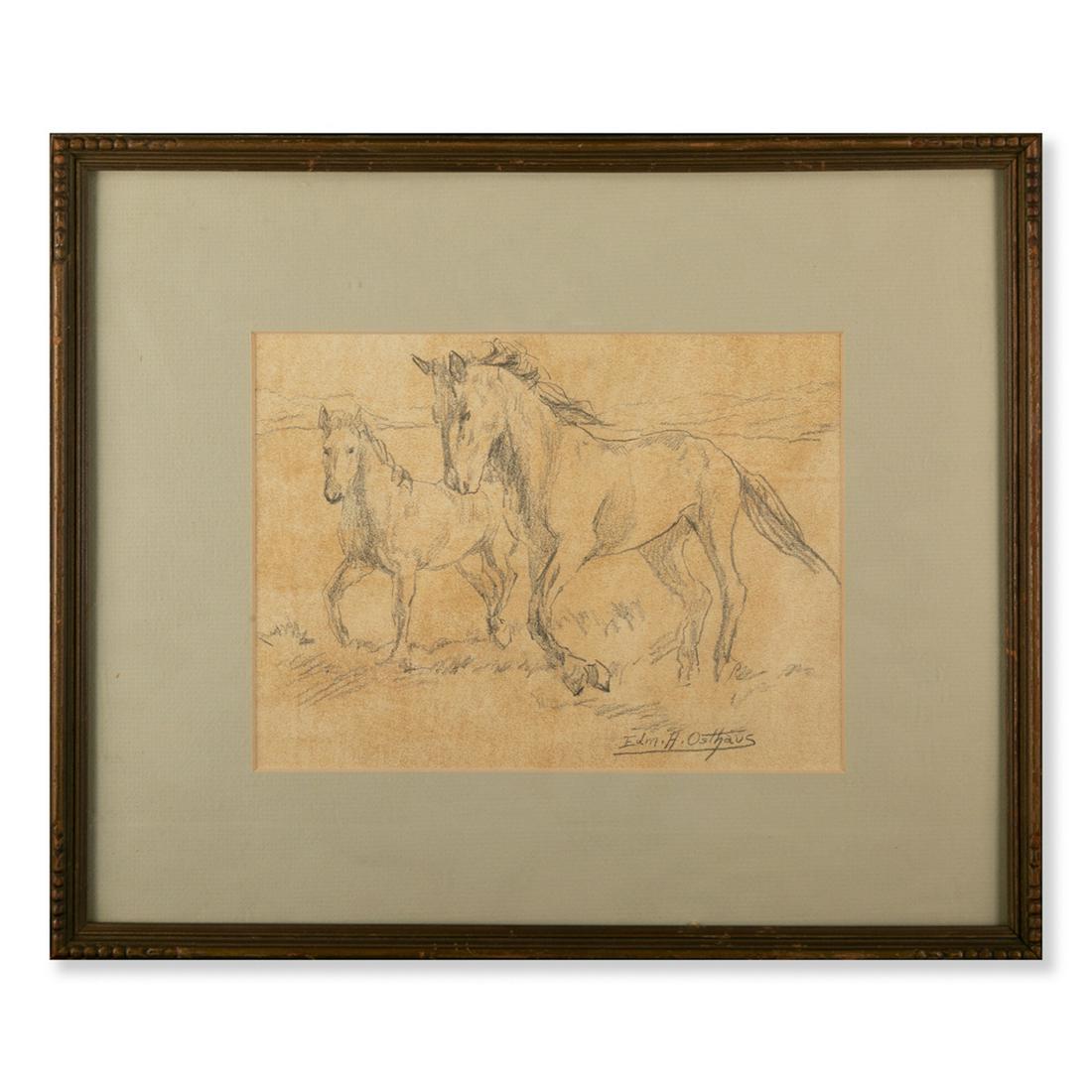 Edmund Henry Osthaus (1858-1928)Two Horses: Edmund Henry Osthaus (1858-1928)Two Horses Medium: Pencil on paper Size: 8 " x 10 3/4 " Frame Size: 15 1/2 " x 18 " Condition: Great, no visible damage Age: 19th Provenance: Private Collection from Ne