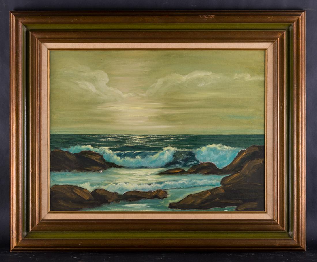 Vintage Impressionist Original Oil Painting "Sunset: Title: Sunset Over Sea Medium: Oil on canvas Style: Impressionist Size: 18" x 24" Frame Size: 26" x 30" Age: 1970s Condition: Good, no damage seen good condition for its age. Signature: on verso Great