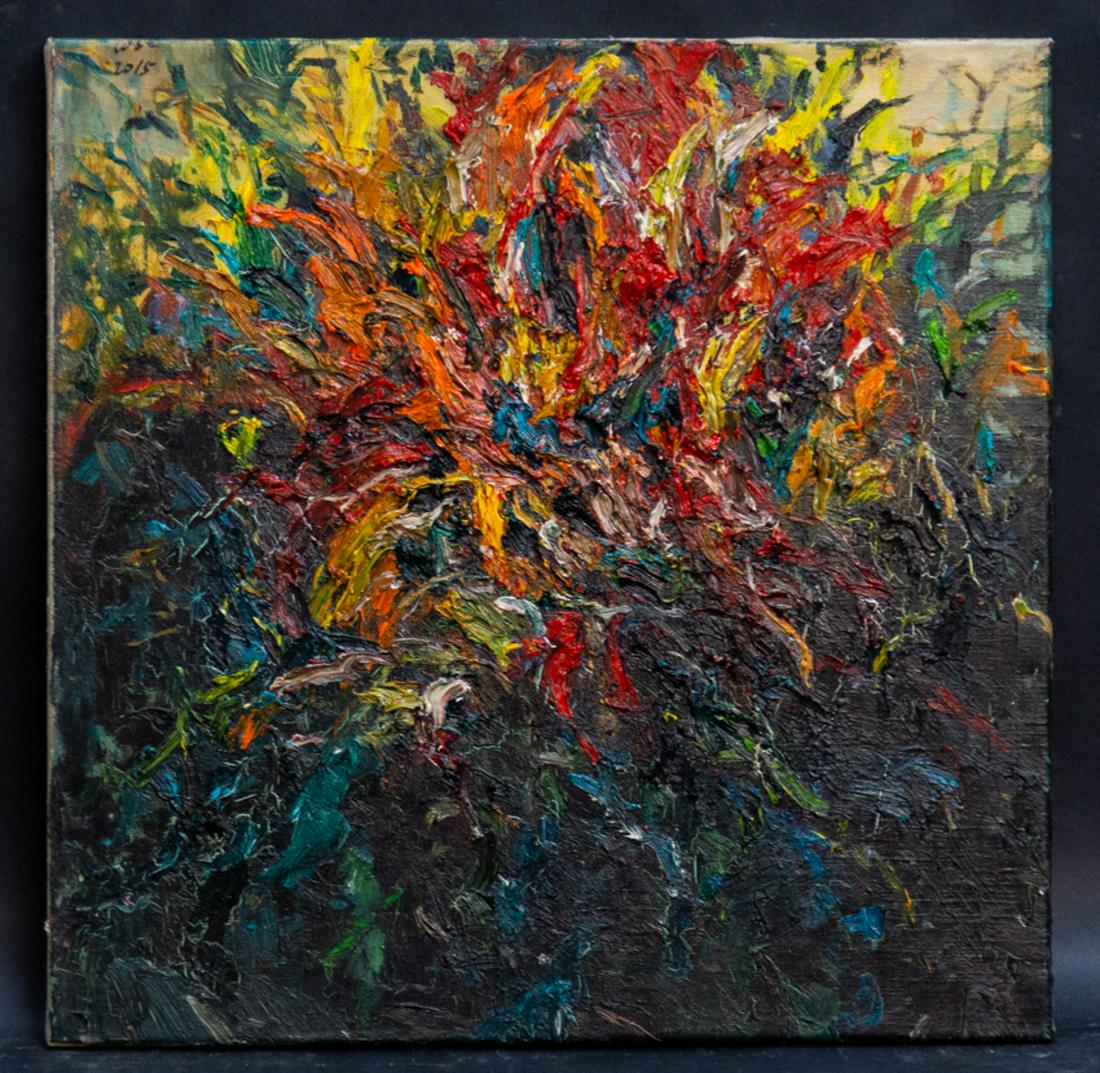 Contemporary Abstract Oil Painting "Plants #19": Title: Plants #19 Medium: Oil on canvas Style: abstract expressionist Size: 19 1/2" x 19 1/2 Frame Size: None Age: 2010s Condition: Good, no damage seen good condition for its age. Signature: Shuen Wa