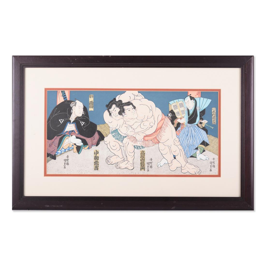 Ukiyo-e Style Print On Paper "Sumo Fight" Info On Verso (1 of 10)