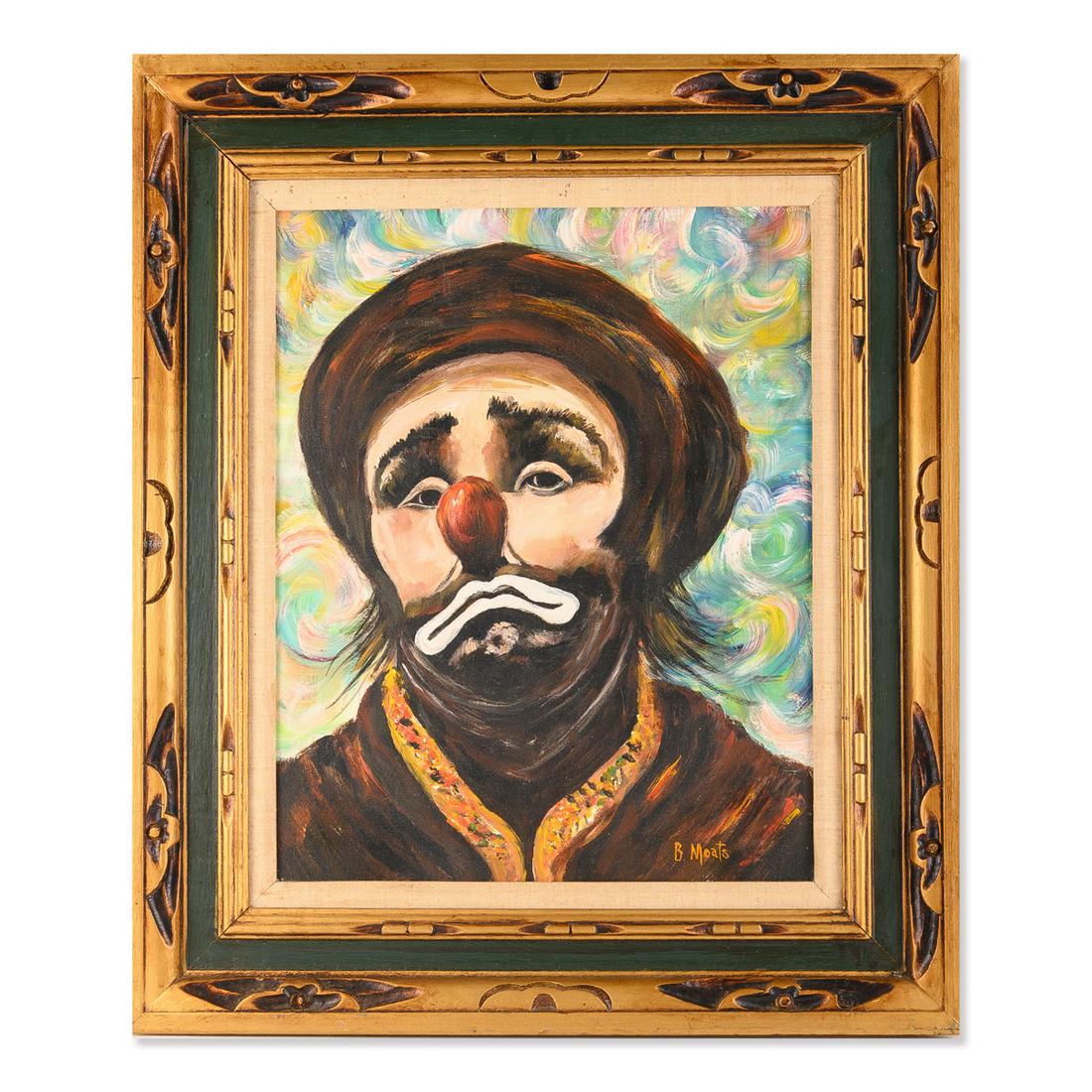 Vintage Fauvist Original Oil Painting "Portrait Of: Title: Portrait Of Clown Medium: Oil on canvas Style: Fauvist Size: 20" x 16" Frame Size: 28" x 24" Age: 1980s Condition: Good, no damage seen good condition for its age. Signature: B. Moats Great for