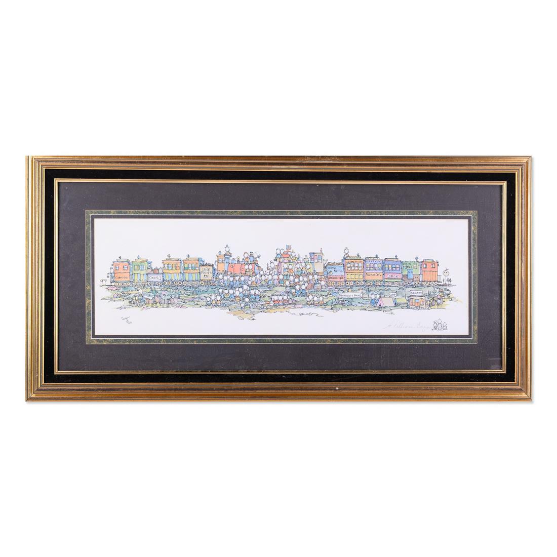 Hand Signed WIlliam Eagan Print On Paper "Rail Road": Title: Union Pacific Rail Road Medium: Print on paper Style: Cartoon Size: 9" x 29" Frame Size: 15" x 35" Age: 1990s Condition: Good, no damage seen good condition for its age. Signature: William Eaga