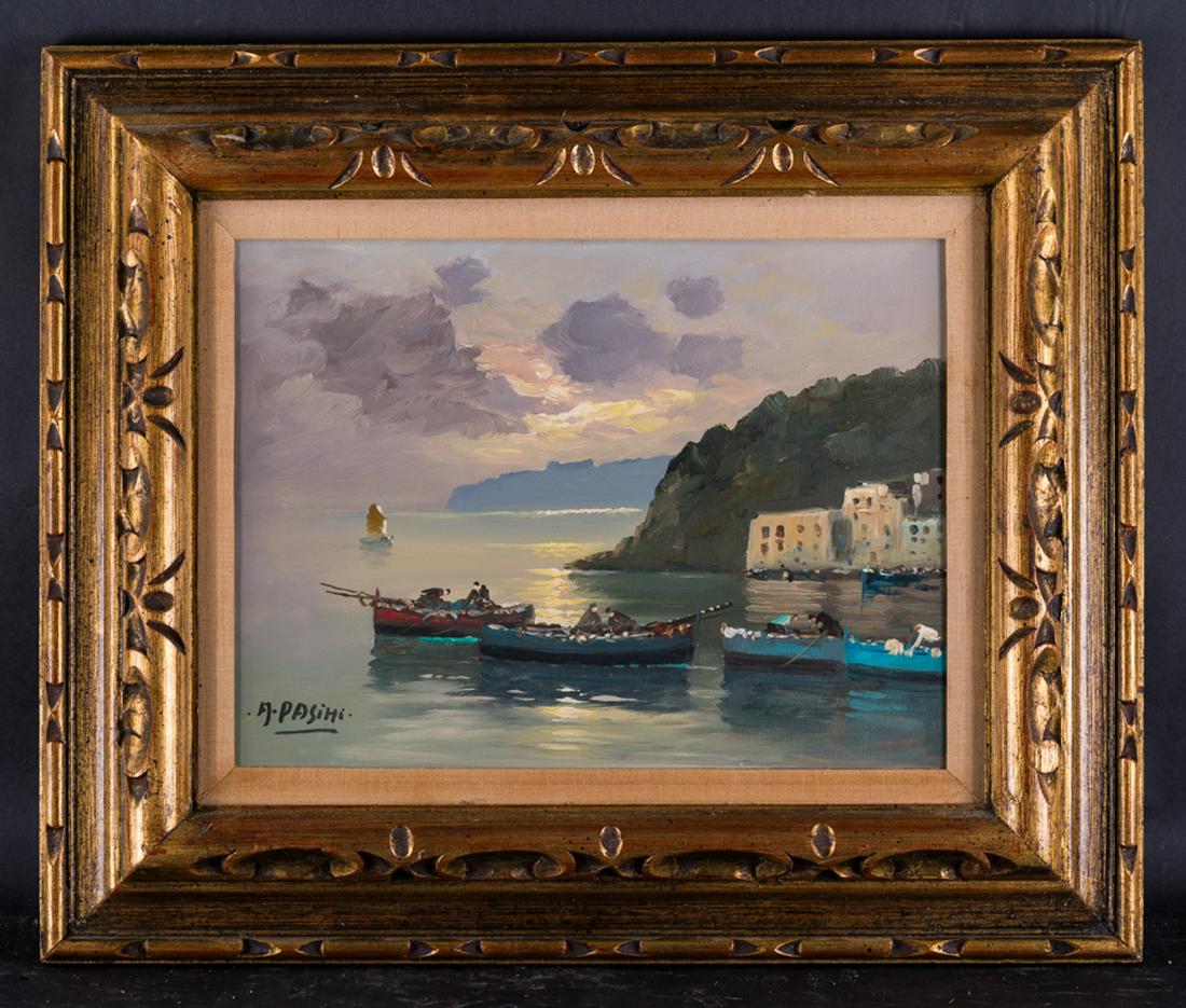 Beautiful Italian Decorational Original Oil painting: Title: Fishing Boats At Sunset Medium: oil on canvas Style: Impressionist Size: 12" x 16" Frame Size: 20" x 24" Age: 1960s Condition: Good, no damage seen good condition for its age. no damage Signatu