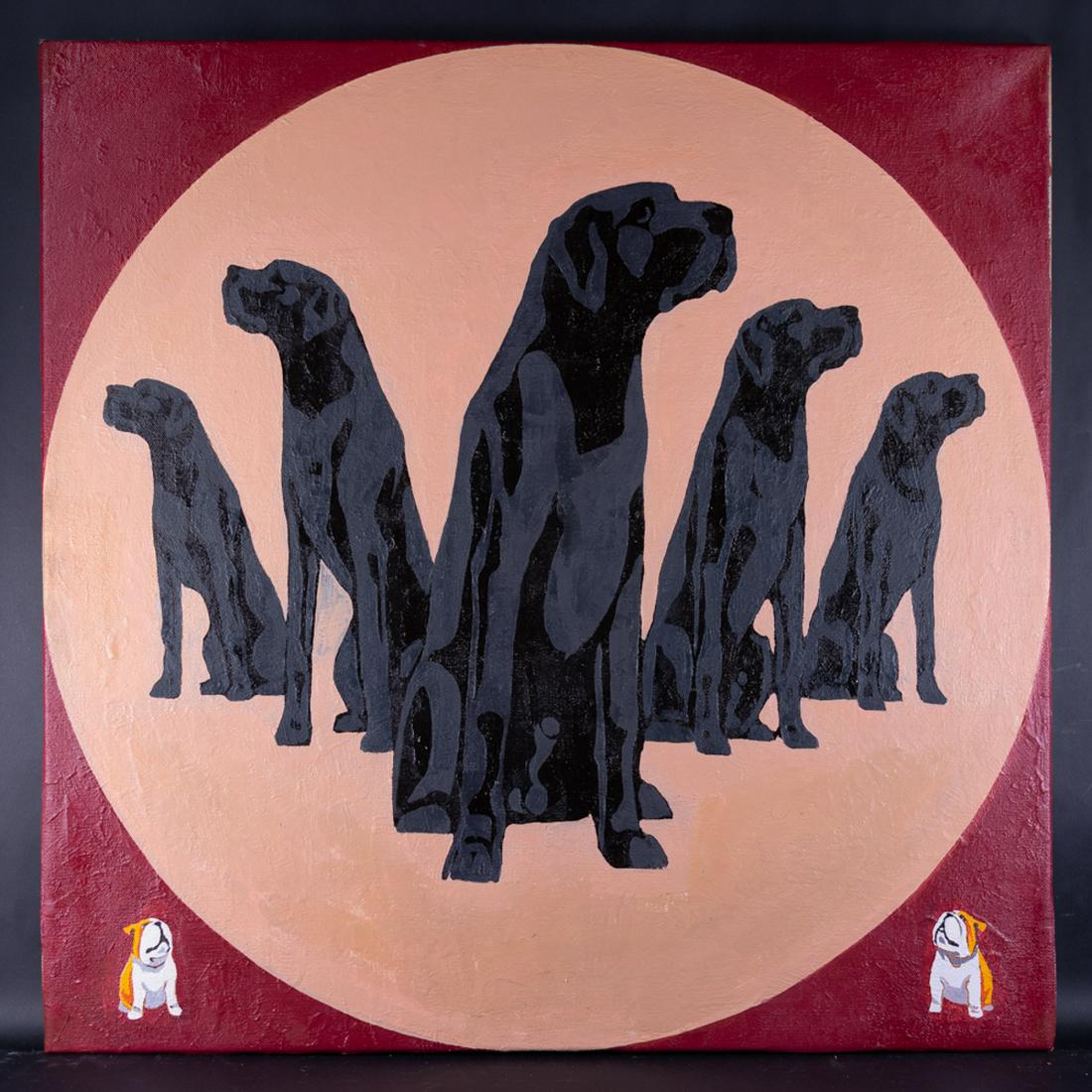 Fine Art Figurative Original Oil Painting "Dogs": Medium: Oil on canvas Size: 35" x 35" Frame Size: Framing Option Available! Please Message Us For Details! Age: 2000s Condition: Good, no damage seen Artist: Haipeng Wang Great for collection or home 