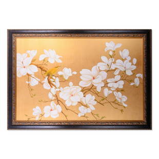 Huge Oriental Original Oil Painting "Bird And Flowers: Title: Bird And Flowers Medium: Oil on canvas Size: 37" x 55" Frame Size: 46" x 54" Age: 2000s Condition: Good, no damage seen Artist: Unknown Great for collection or home decoration. Provenance: