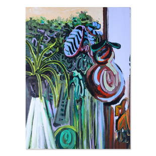 Large Modernist Original Oil Painting "Plants": Title: Plants Medium: Oil on canvas Size: 47" x 35" Frame Size: Framing Option Available! Please Message Us For Details! Age: 2000s Condition: Good, no damage seen Artist: Jin Liu Great for