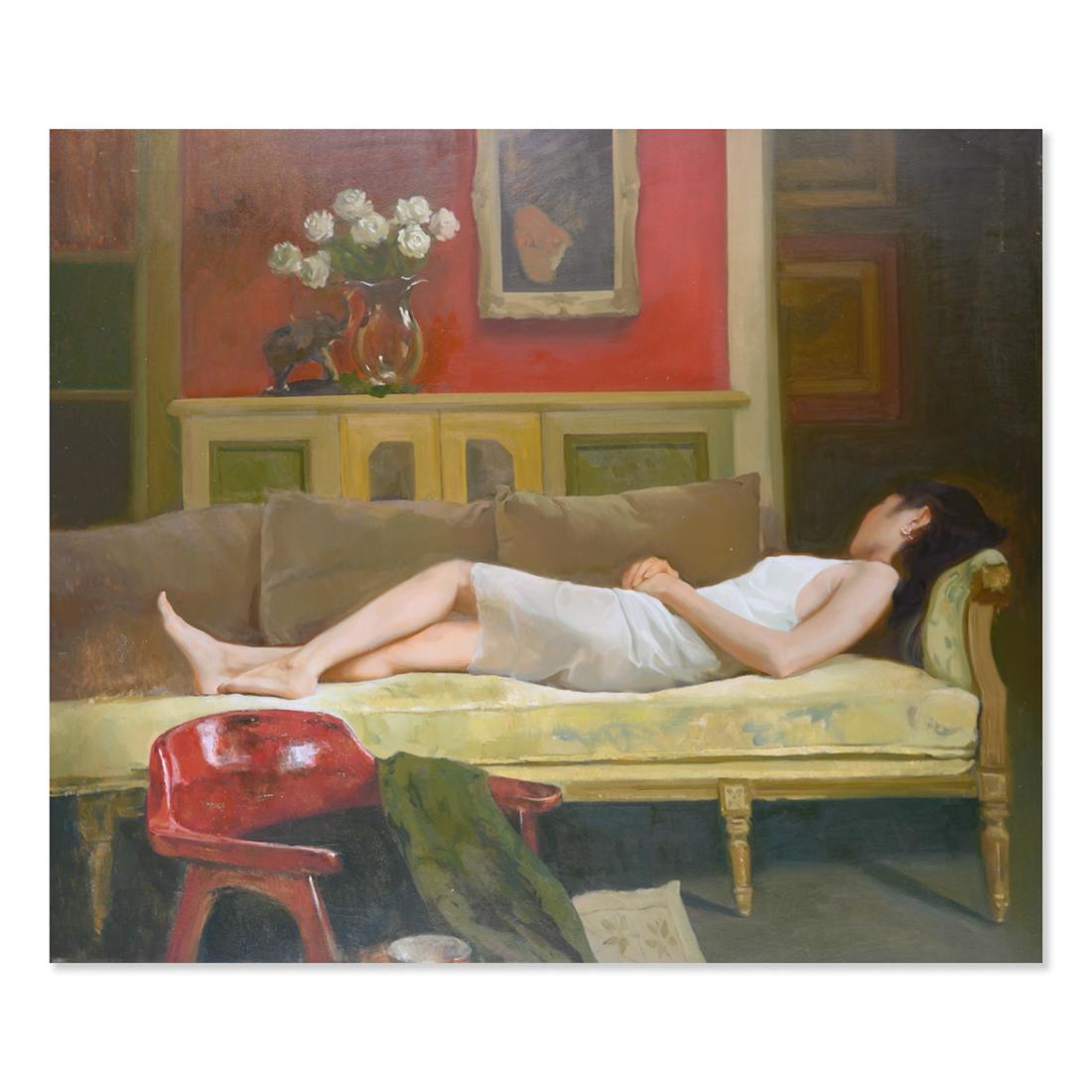 Large Realist Original Oil Painting "Reclining Girl": Title: Reclining Girl Medium: Oil on canvas Size: 43" x 51" Frame Size: Framing Option Available! Please Message Us For Details! Age: 2000s Condition: Good, no damage seen Artist: Unknown Great for co