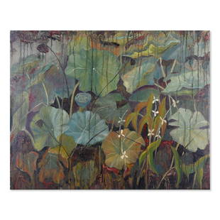 Large Modernist Original Oil "Lotus Leaves": Title: Lotus Leaves Medium: Oil on canvas Size: 29.5" x 37" Frame Size: Framing Option Available! Please Message Us For Details! Age: 2000s Condition: Good, no damage seen Artist: Changgui Zhao 