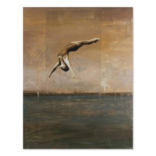 Tom Judd Oil on panel "Diving Figure #12": Title: Diving Figure #12, 2018 Medium: Oil on panel Size: 14 × 11 in Frame Size: None Age: 2000s Condition: Good, no damage seen Artist: Tom Judd Unlike Picasso’s blue period, Tom Judd does not app