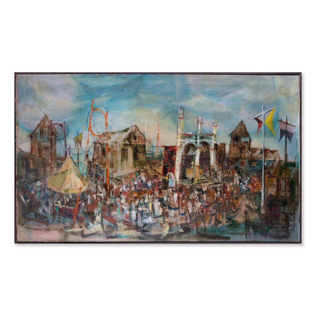 Large Early 20th Century Modernist Original Oil "Plaza (1 of 10)