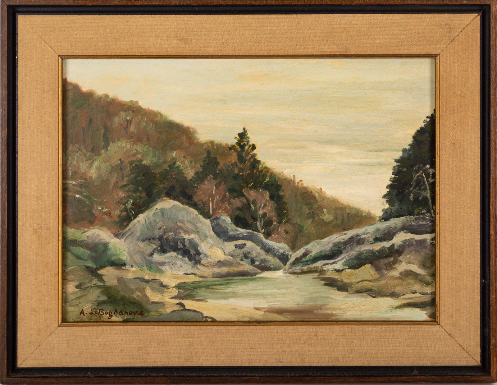 Abraham Jacob Bogdanove (1888 â€“ 1946) Maine landscape: Abraham Jacob Bogdanove (1888 â€“ 1946) Maine landscape Medium: Oil on board signed lower left Size: 14" x 10" Frame Size: 18" x 14.5 " Condition: Condition: Very Good, light wear and dirt accumu