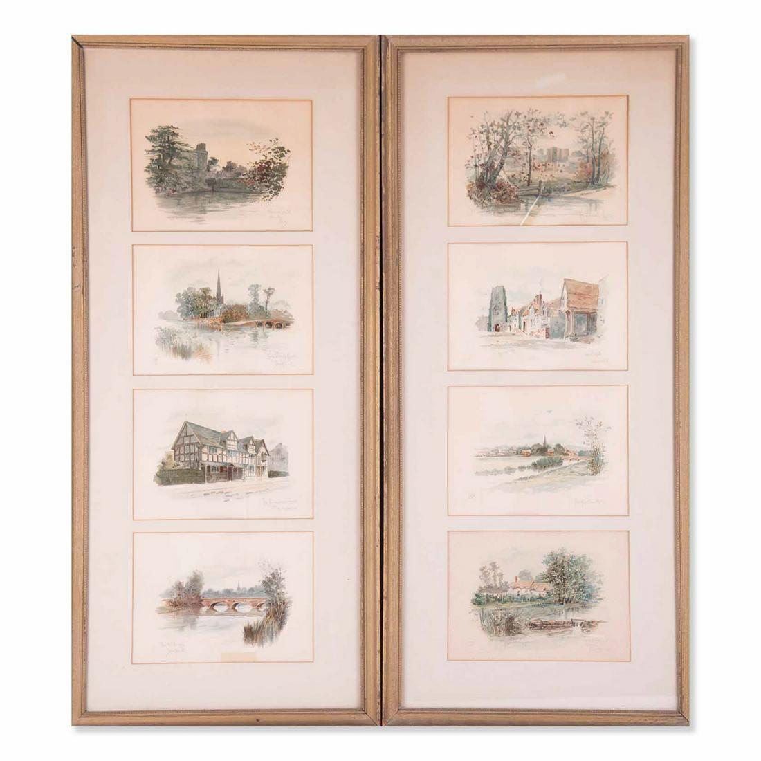 A Pair Of Antique Original Watercolor On Paper "Places: Title: Places Of Britain Medium: Watercolor on paper Style: Traditional Size: 6 1/2" x 9" Frame Size: 34 1/2" x 15 1/2" Age: 1920s Condition: Good overall condition for its age, Signature: Signed lowe