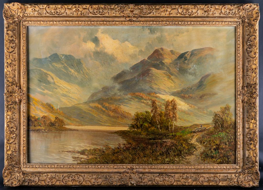 American Listed Artist Campbell Scott (born 1930): Title: Mountain Landscape Medium: oil on canvas Style: Impressionist Size: 24" x 36" Frame Size: 31" x 43" Age: 1970s Condition: Good, canvas is a bit loose good condition for its age. Signature: Camp