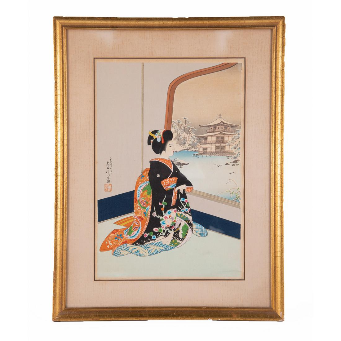 Antique Japanese Ukiyo-e Print On Paper "Geisha": Title: Geisha Medium: Ukiyo-e on paper Style: Ukiyo-e Size: 14 1/2" x 9 1/2" Frame Size: 20" x 15" Age: 1900s Condition: Good overall condition for its age, Signature: left side Great for collection o