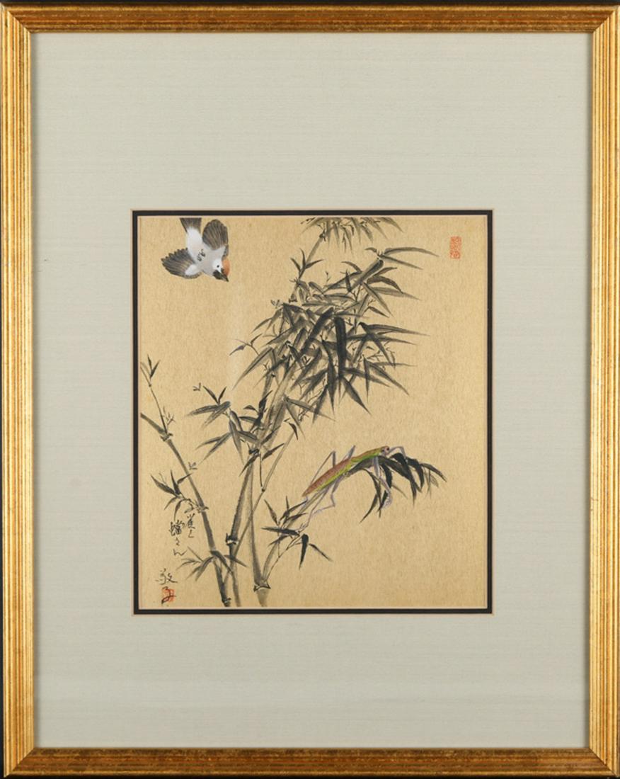 Oriental Brush Painting "Sparrow & Mantis" Signed & (1 of 8)