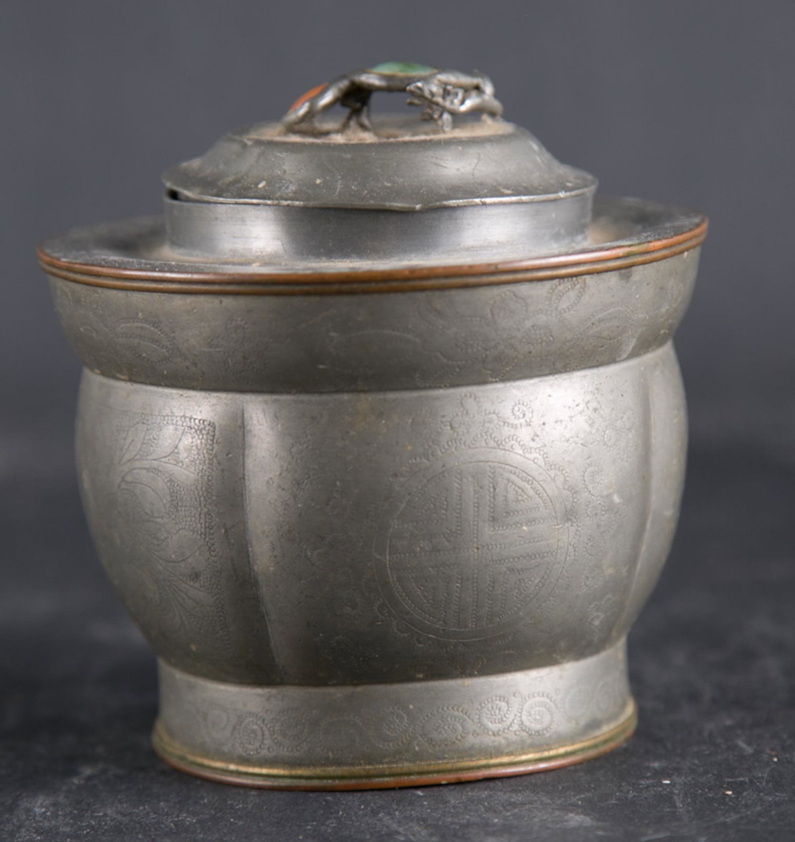 Chinses antique tin carved tea pot: Title:Chinses antique tin carved tea pot Size:dim 4" X 3" Condition: Great Overall Provenance: Collection from Estate in New Jersey Shipping: shipping rates are determined by the distance from the