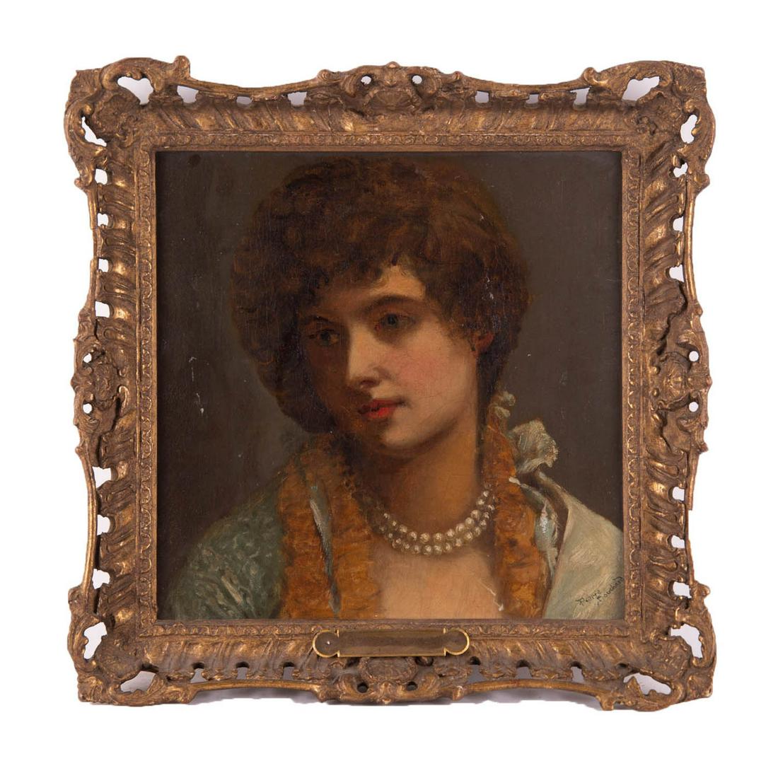Antique Dutch School Original Oil "Portrait Of Girl": Title: Portrait Of Girl Medium: Oil on canvas laid on masonite Style: Dutch School Size: 11 1/2" x 11" Frame Size: 15" x 14 1/2" Age: 1800-1900s Condition: Canvas laid on masonite. Scattered cracks, a