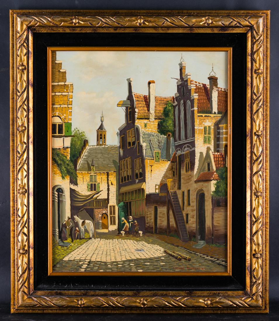 Beautiful Old Traditional Landscape Original Oil: Title: City Street Scene Medium: Oil on canvas Style: Impressionist Size: 20" x 16" Frame Size: 27" x 23" Age: 1990s Condition: Good, no damage seen good condition for its age. Signature: Hans Doornhe
