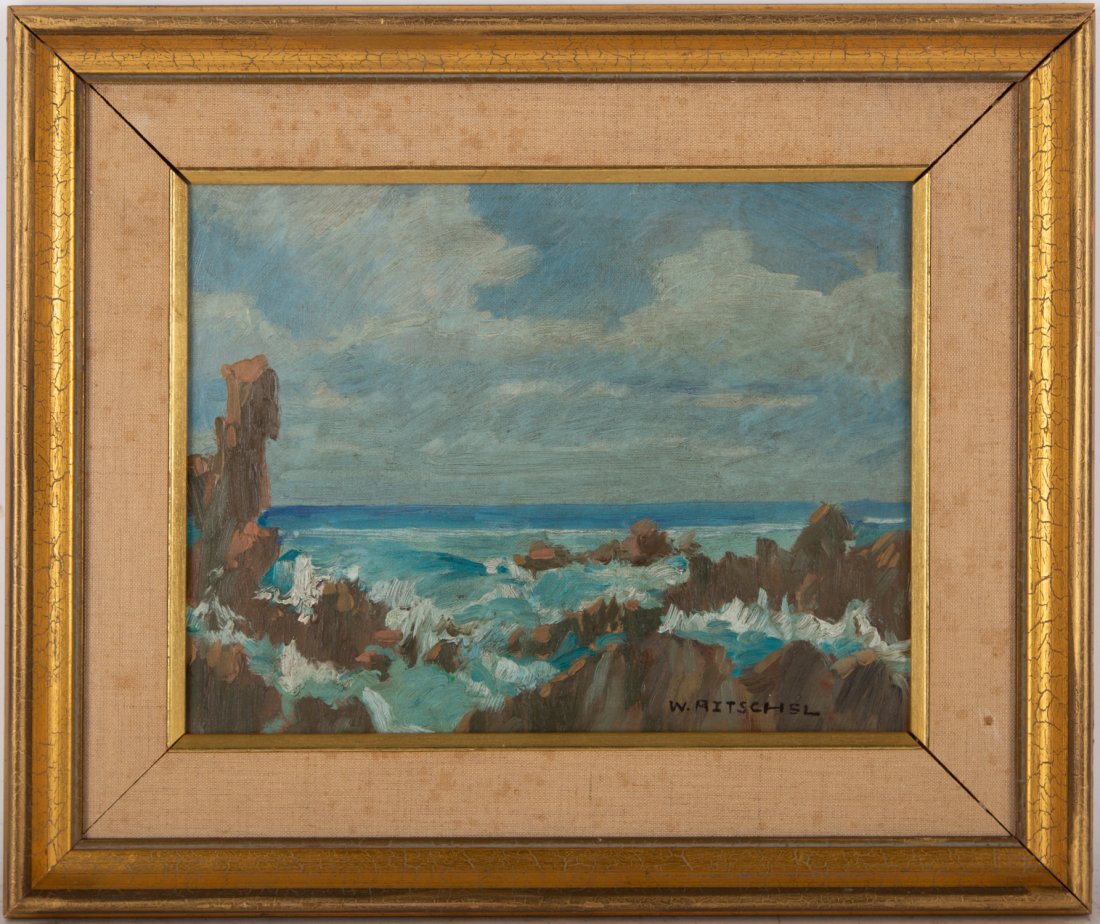 William Frederick Ritschel (1864 - 1949) Oil on canvas: William Frederick Ritschel (1864 - 1949) was active/lived in New York, California / Germany. Reefs and Waves Medium: Oil on canvas Style: Impressionist Size: 8 1/4 " x 10 3/4 " Frame Size: 13 " x 15 1