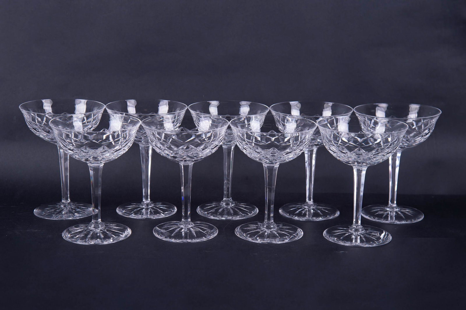 Set Of 40 Waterford Crystal Early Wine Cup Collection: Set Of Waterford Crystal Early Wine Cup Collection 9 Coupe Glasses 14 Large Tulip Glasses 7 Medium Tulip Glasses 10 Small Tulip Glasses Medium: Crystal cups Brand: Waterford Coupe Size: 5 1/2" H x 4" 