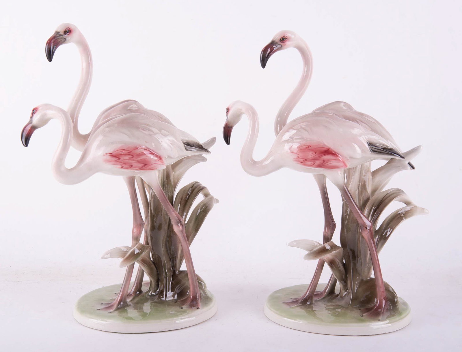 Set Of 2 Wein Keramos Porcelain Twin Flamingo: Title: Twin Flamingos Medium: Porcelain Brand: Wein Keramos/Royal Belvedere Size: 12" x 8" x 5" Age: 1940s Condition: Good overall condition for its age, Signature: Stamped on bottom Great for collect
