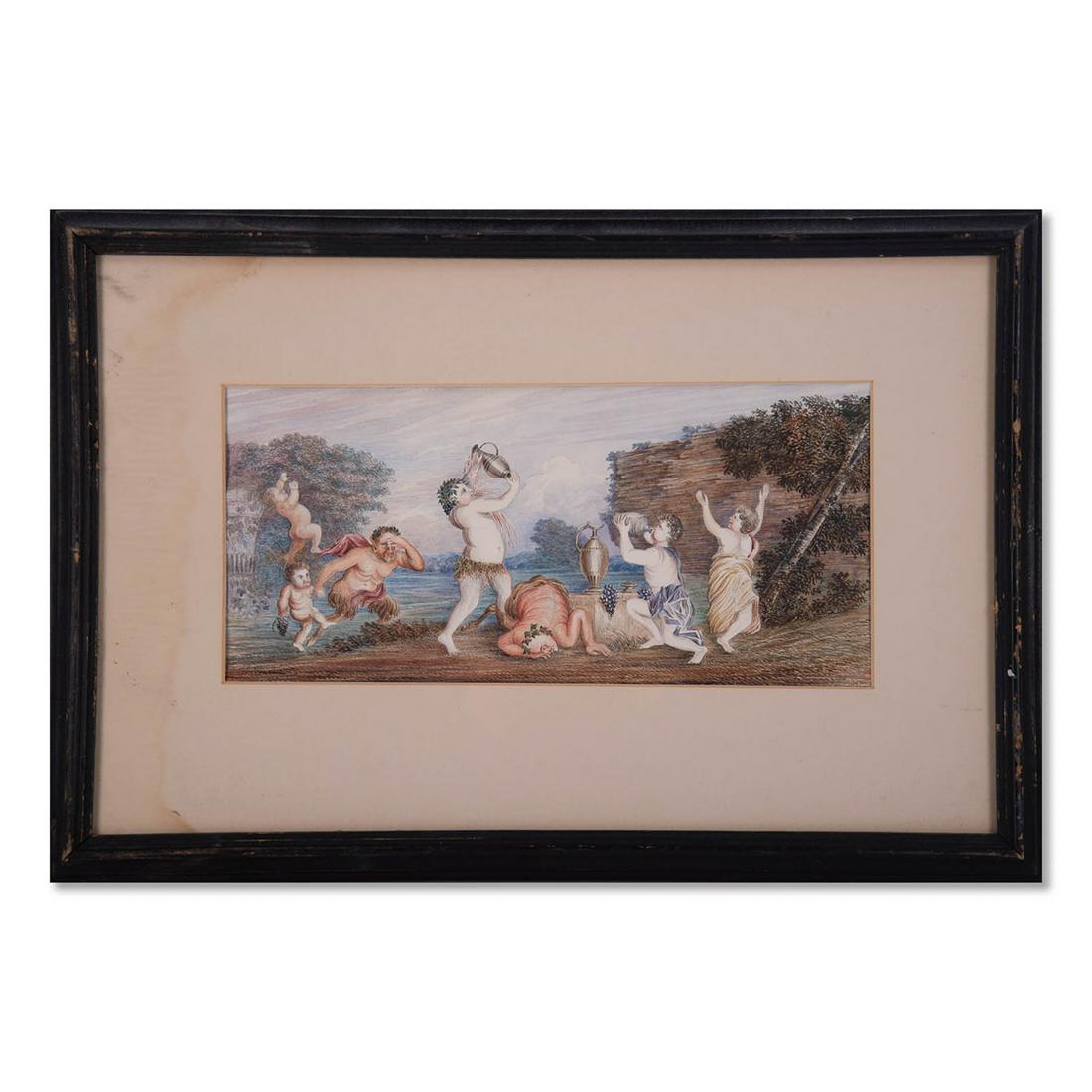 Vintage Rococo Style Watercolor "Cherubs Drinking Wine": Title: Cherubs Drinking Wine Medium: Watercolor on paper Style: Rococo Size: 6" x 12 1/2" Frame Size: 13" x 19 1/2" Age: 1960s Condition: Good overall condition for its age, Signature: Unsigned Great 