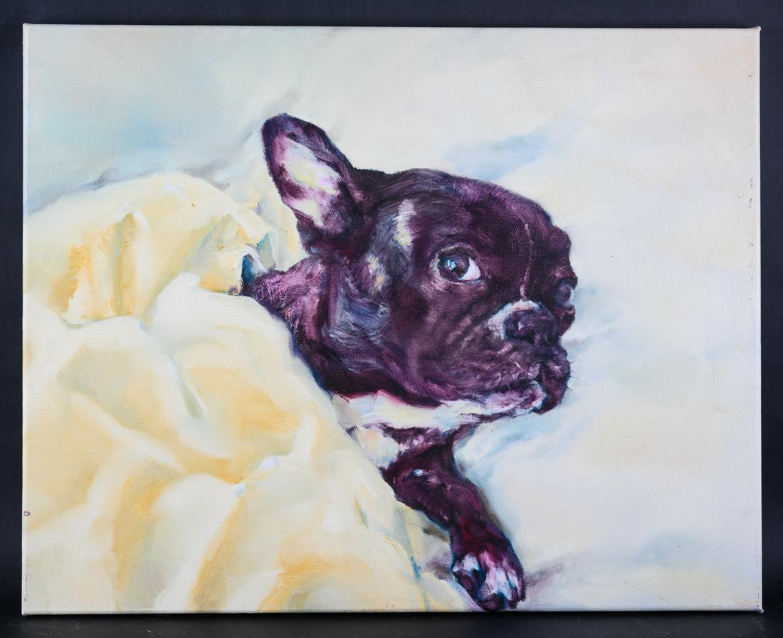 "Dog With Blanket" Original Oil Painting By Artist Jiao: Medium: Oil on canvas Size: 19.5" x 15.5" Frame Size: Framing Option Available! Please Message Us For Details! Age: 2000s Condition: Good, no damage seen Artist: Jiao Wang Great for collection or home