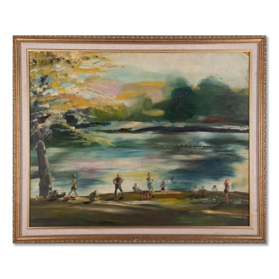 Vintage Post Impressionist Original Oil "Lake Scene": Title: Lake Scene Medium: Oil on board Style: Impressionist Size: 24" x 30" Frame Size: 28" x 34" Age: 2003 March Condition: Good overall condition for its age, Signature: John Williams Great for coll