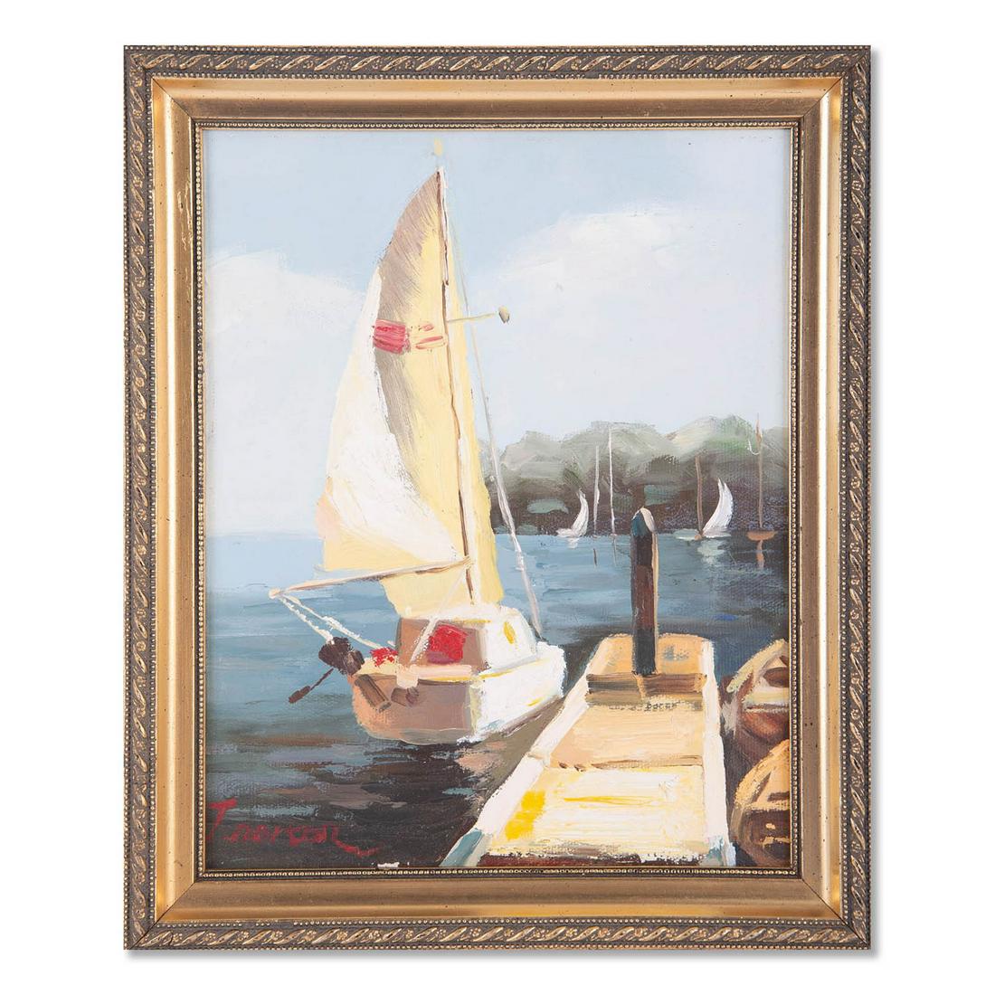 Vintage Modernist Original Oil Painting "Moored Sail: Title: Moored Sail Boat Medium: Oil on canvas Style: Impressionist Size: 10" x 8" Frame Size: 11 1/2" x 9 1/2" Age: 1970s Condition: Good overall condition for its age, Signature: Lower left/unclear G