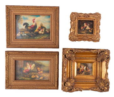 Set Of 4 Antique Traditional OIl On Board "Roosters And: Title: Roosters And Chickens Medium: OIl On Board Size: 4 x 7 inches Frame: 7 x 10 inches Age: Set Of 4 Antique Condition: Great Overall Signature: Lower right/Unclear Lot consists of 4 paintings, A