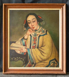 Antique China Export Original Oil "Portrait Of Woman": Unsigned The Medium Is Oil On Board Beautiful Condition, Great overall condition Painting's age is in circa 1900s by checking the age of the artwork and medium. Size of the painting is 17 By 15