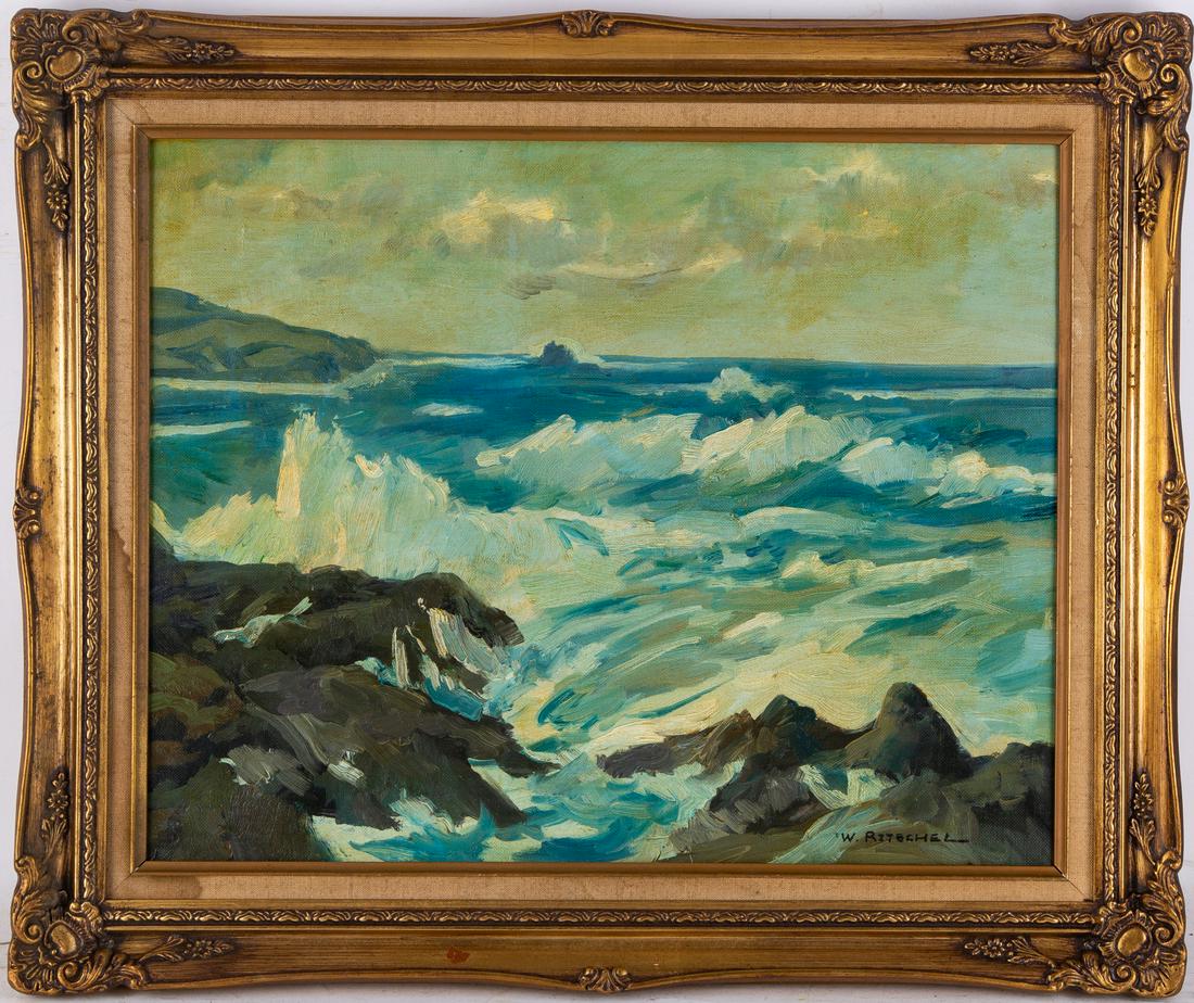 William Frederick Ritschel (1864 - 1949) was: William Frederick Ritschel (1864 - 1949) was active/lived in New York, California / Germany. Reefs and Waves Medium: Oil on canvas board Style: Impressionist Size: 16 " x 20 " Frame Size: 20 1/2 " x 2