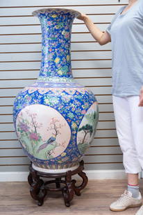 Huge Qing Dynasty Style Porcelain Jar: Title: Vase Medium: Porcelain Style: Qing Dynasty Size: 53" H x 21D" Age: Vintage Condition: Good overall condition for its age, Make:Chinese Great for collection or home decoration. Provenance: