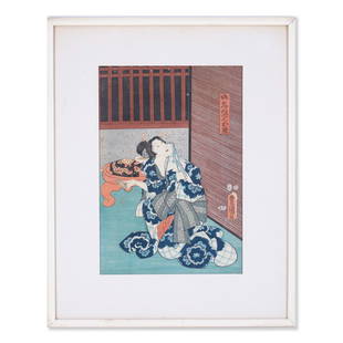 Antique Utagawa Kunisada Ukiyo-e Woodblock Print: Title: Japanese Beauty Medium: Ukiyo-e Style: Ukiyo-e Size: 14" x 9 1/2" Frame Size: 21" x 16 1/2" Age: 1850s Condition: Good overall condition for its age, Signature: Stamped Great for