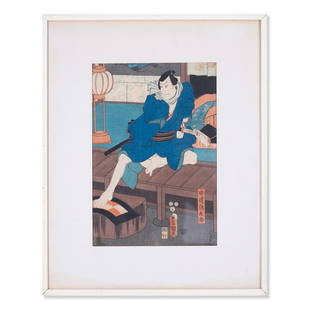 Antique Utagawa Kunisada Ukiyo-e Woodblock Print: Title: Samurai Medium: Ukiyo-e Style: Ukiyo-e Size: 13 1/2" x 9" Frame Size: 21" x 16 1/2" Age: 1850s Condition: Good overall condition for its age, Signature: Stamped Great for collection or